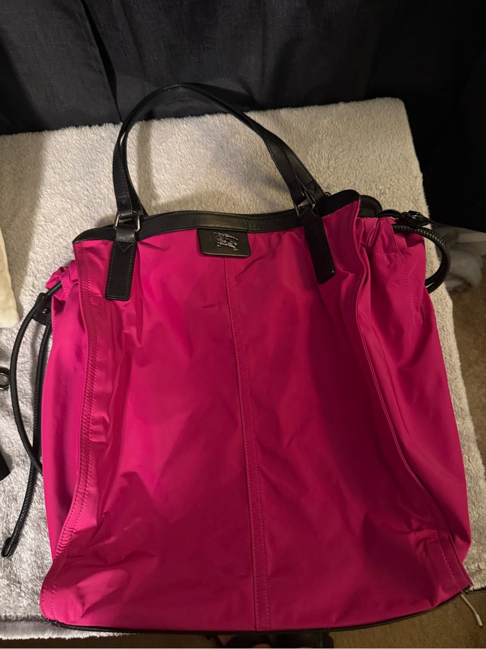 Burberry Fuchsia Nylon Tote with Black Leather Trim